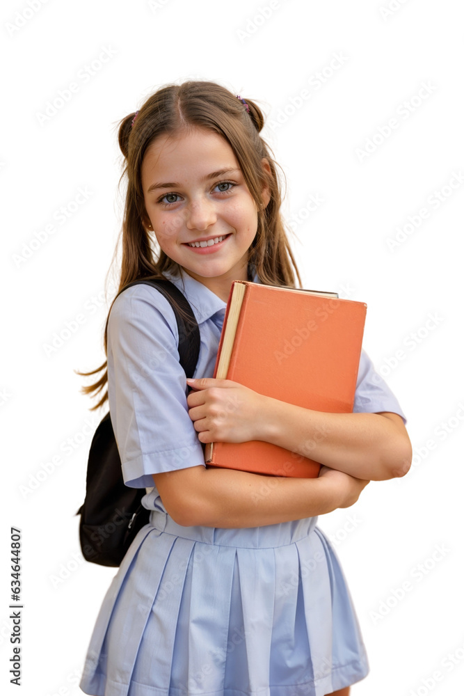 Happy child school girl with book isolated on transparent background Happy child school girl with book isolated on transparent background