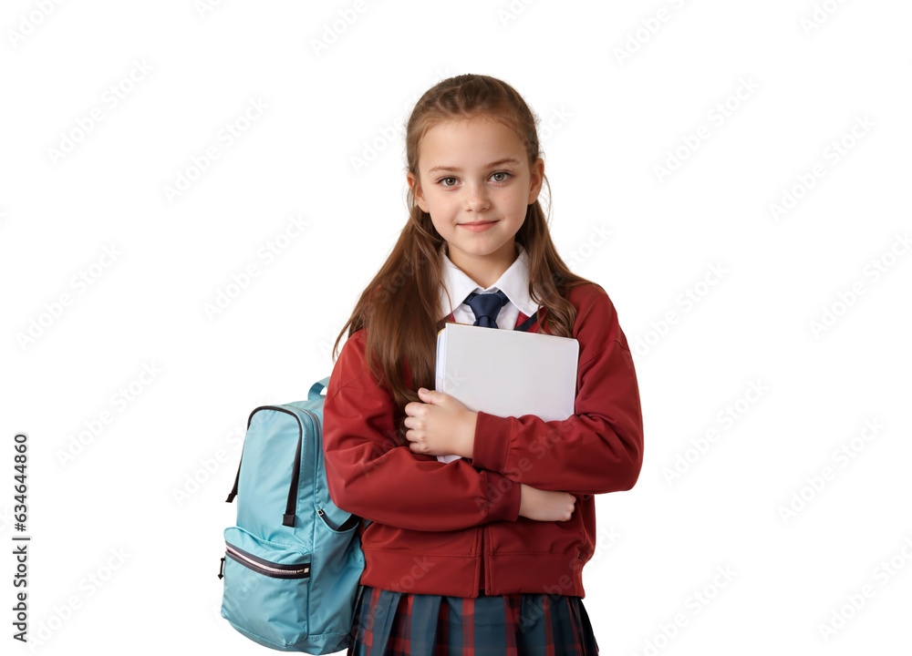 Happy child school girl with backpack and book in her hands isolated on transparent background Happy child school girl with backpack and book in her hands isolated on transparent background