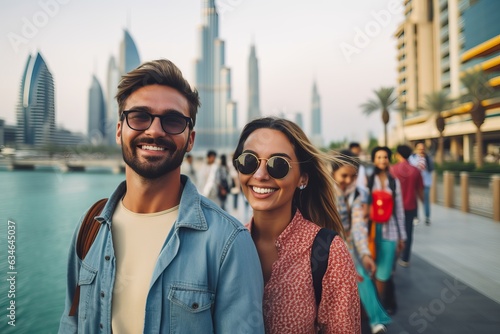 multiethnic couple travelling in Dubai. Happy young travelers exploring in city