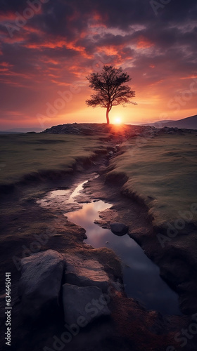 Majestic Sunrise and a lone tree. Landscape.