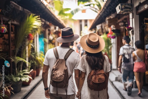 rear view couple travelling in summer. Happy young Couple travelers