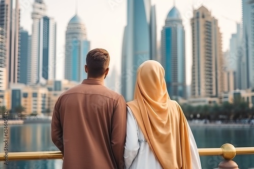 rearview multiethnic couple travelling in Dubai. Happy young travelers exploring in city with islamic outfit