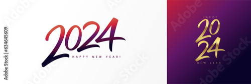 2024 Happy New Year calligraphy logo design concept. Xmas greetings with handwritten numbers 2024. Vector illustration
