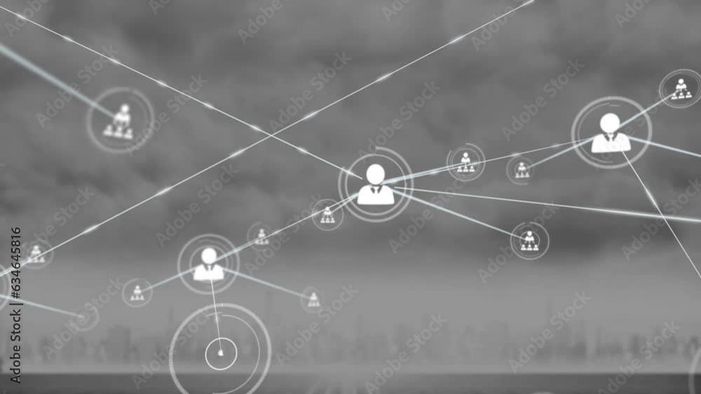 Animation of network of profile icons against aerial view of cityscape Animation of network of profile icons against aerial view of cityscape
