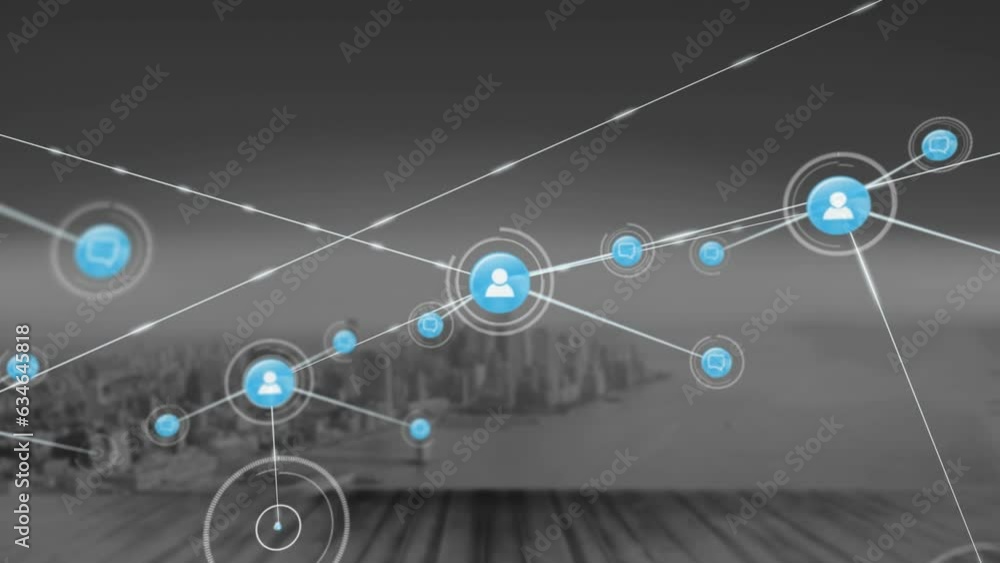 Animation of network of digital icons against aerial view of cityscape Animation of network of digital icons against aerial view of cityscape