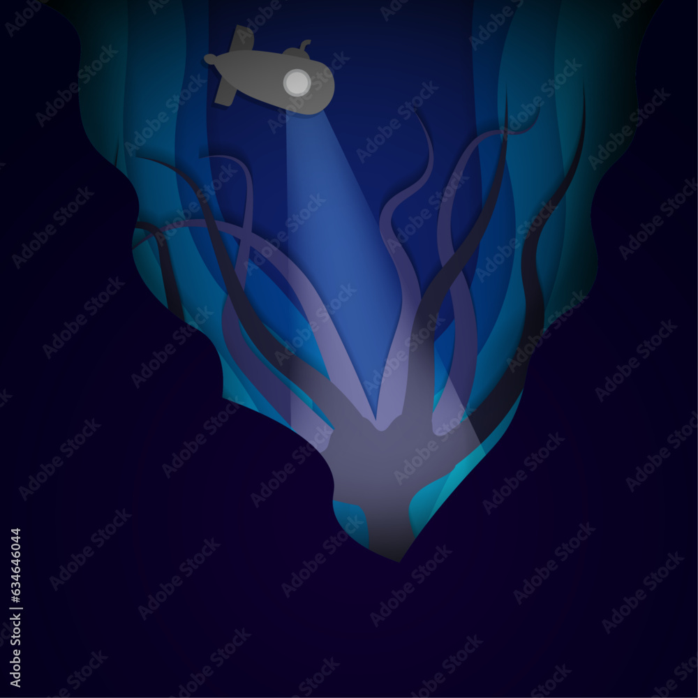 Fototapeta premium Submarine in underwater trenches discoverin big octopus. Submarine light underwater. Paper Origami Concept Art. Underwater Paper cut-out design. Vector Illustration. EPS 10.