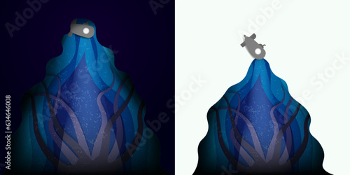 Paper Origami Art of Deep Sea Trench, submarine flashing a light underwater and a big tentacled monster. Paper cut-out underwater fantasy concept. Vector Art.
