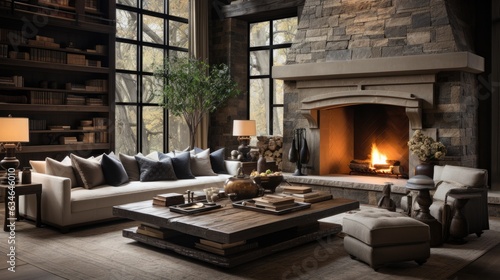 home interior design of modern living room with History Meets Modernity - Layered Composition with Stone & Matte Finishes, 3D Perspective, Black, White, and Brown Tones