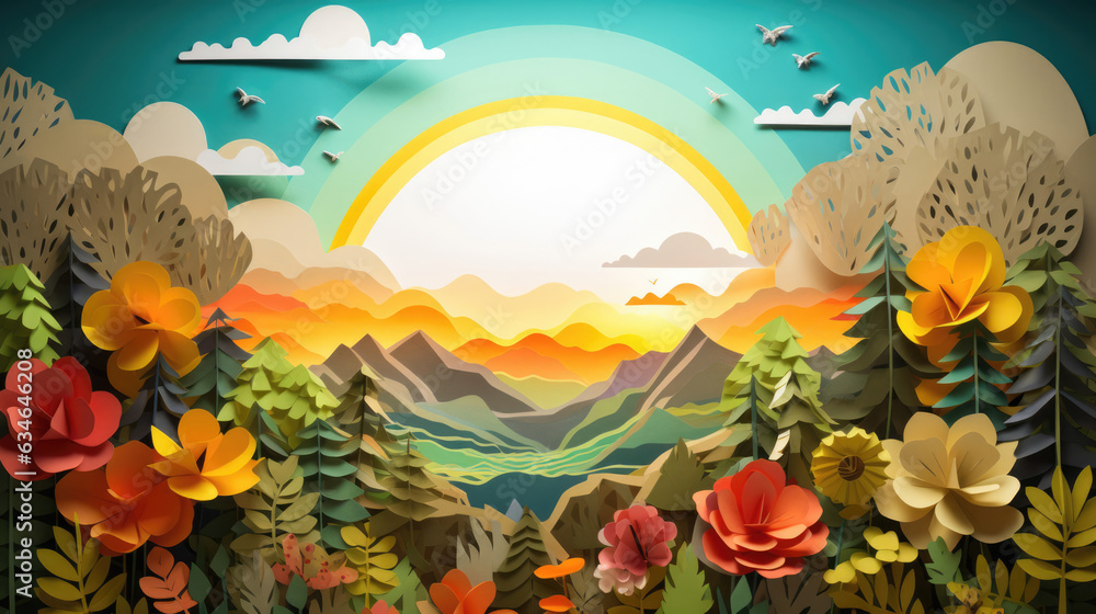 Fototapeta premium Paper Art Layered of colorful natural landscape view with sun mountain and sky