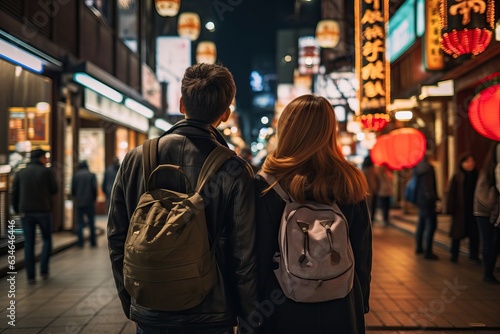 rearview multiethnic couple travelers exploring city at night