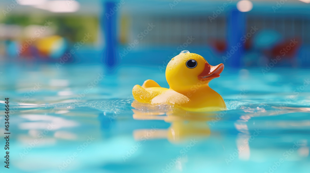 Close-up shot of a rubber duck toy in a swimming pool Close-up shot of a rubber duck toy in a swimming pool