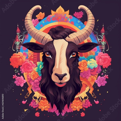 Goat face illustration with Islamic pattern - ai generative