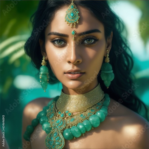 Experience the captivating allure of an AI art masterpiece featuring an exotic Indian woman wearing jade jewelry. A hall of fame creation with exquisite facial details , done fora top model photoshoot