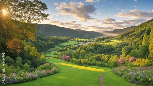 Fototapeta Naklejka Na Ścianę i Meble -  Far valley garden. A garden with flowers and lawn, merging into a valley with forest and river.
