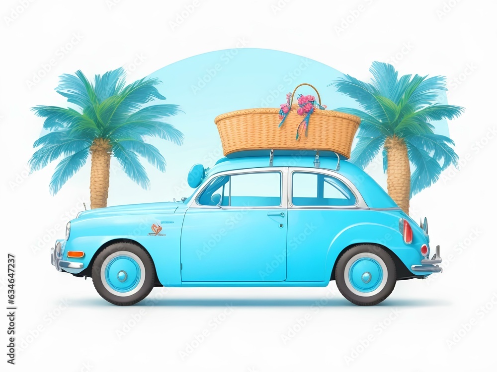 car on the beach, Summer vacation. Car travel concept. 3d rendering
