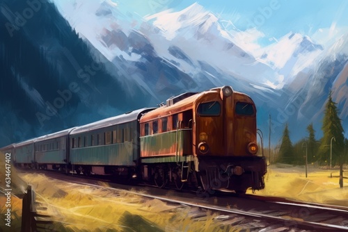 Train mountains illustration. Generate Ai