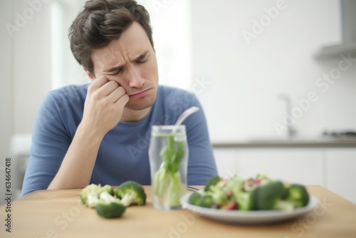 Unhappy man eat food broccoli. Generate Ai