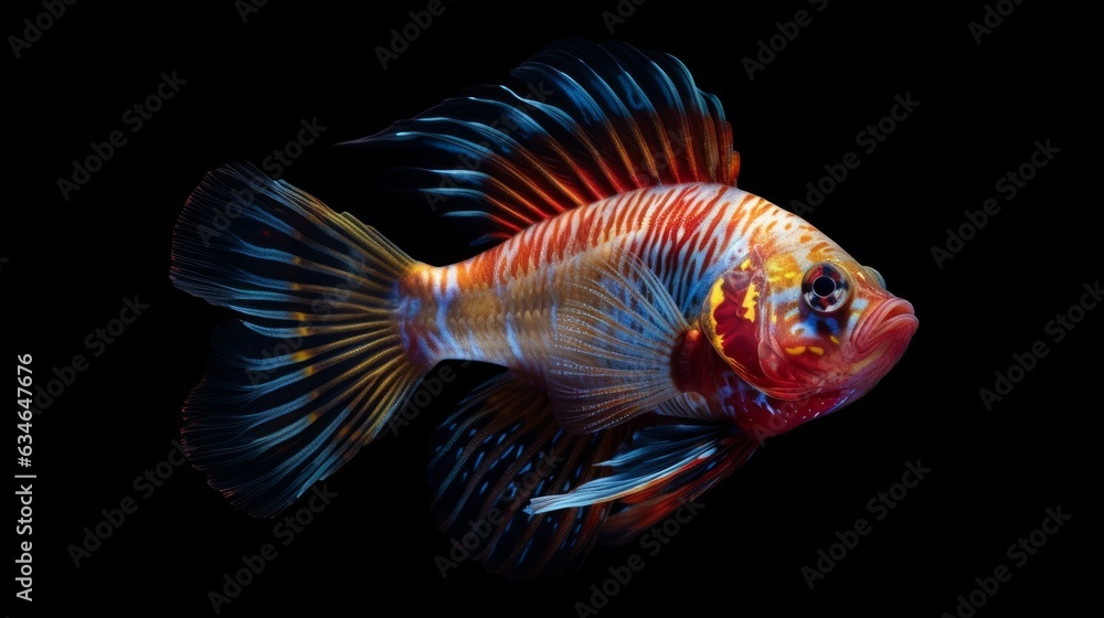 A colourful exotic fish deep underwater on a dark background A colourful exotic fish deep underwater on a dark background