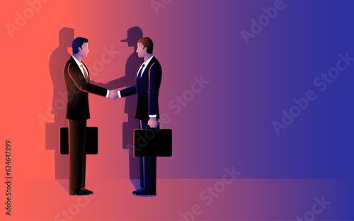 Shadow of a businessman with a long nose engages in a handshake with another businessman. Portrayal of deceptive deals, hidden agendas, business ethics, trust, and the complexities of perception
