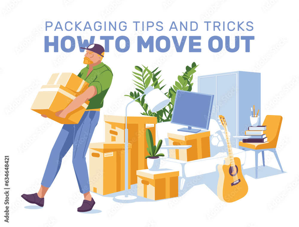 moving things, a man carrying paper boxes on the background of things in an apartment. The concept of a professional house move. Vector flat illustration moving things, a man carrying paper boxes on the background of things in an apartment. The concept of a professional house move. Vector flat illustration