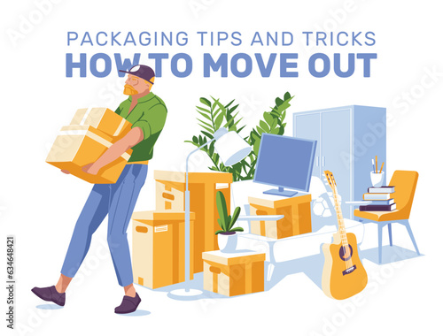 moving things, a man carrying paper boxes on the background of things in an apartment. The concept of a professional house move. Vector flat illustration