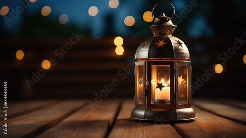 Arabic lantern on the wooden rustic table in the evening sun with moon and star. 