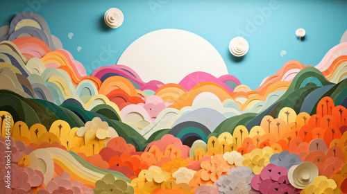 Paper Art Layered of colorful natural landscape view with sun mountain and sky