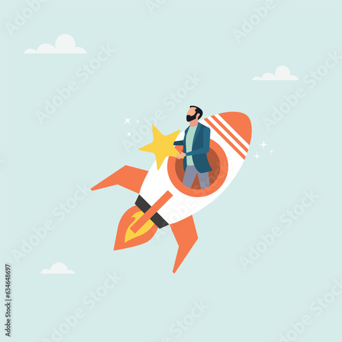 Businessman riding fast rocket to catch golden star. Innovation to help or support work success, entrepreneurship or winning business challenge, work opportunity or business accomplishment concept.  © STANISLAV