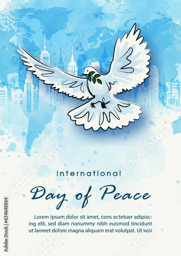 Peace dove flying in hand draw on world map and silhouette of city, the name of event lettering on blue watercolor background. Poster's concept of Peace day campaign in vector design.