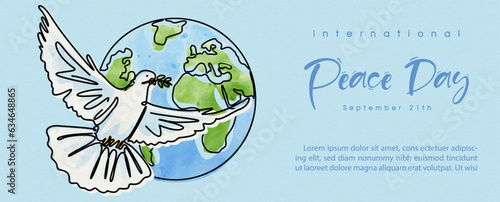 Hand draw and one line style in a peace dove shape with global, the name of event lettering on blue background. Poster's concept of Peace day campaign in vector design.