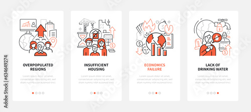 Problems of overpopulation and economy - line design style banners set