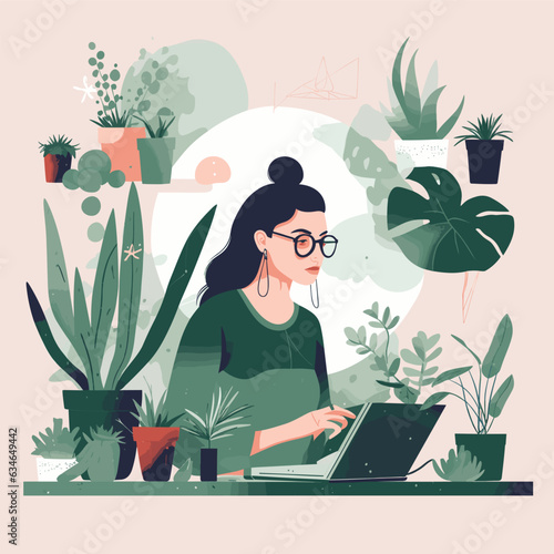 A girl working on her laptop, Tech illustration,  surrounded by succulents, simple minimal
