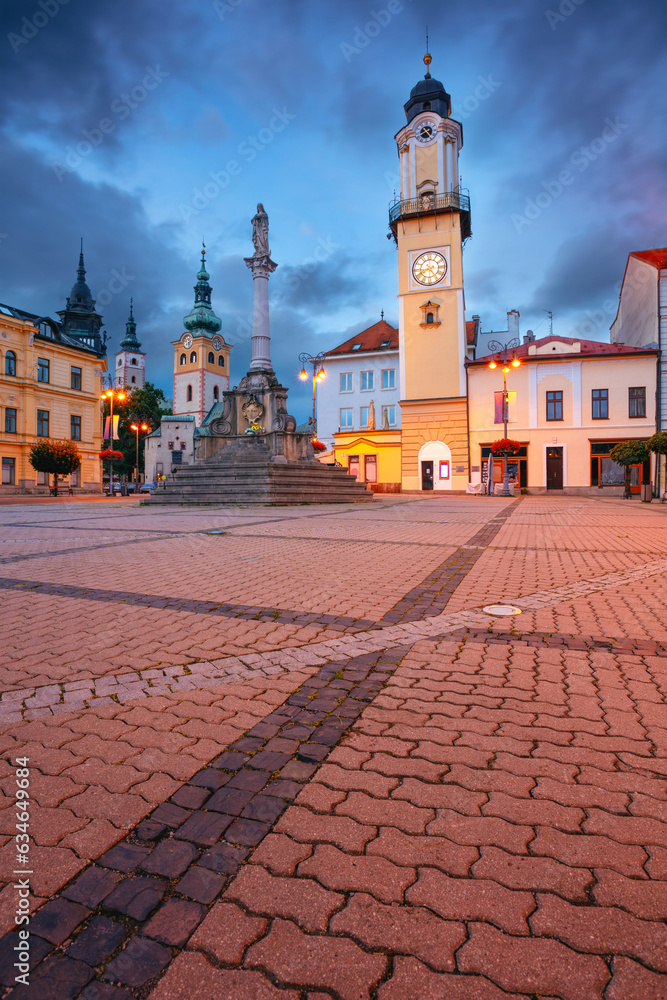 Banska Bystrica, Slovak Republic. Cityscape image of downtown Banska Bystrica, Slovakia with the Slovak National Uprising Square at summer sunset.