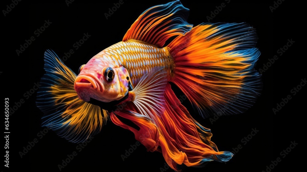 A colourful vibrant exotic fish deep underwater on a dark background A colourful vibrant exotic fish deep underwater on a dark background