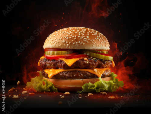 A very delecious hamburger on black background photo