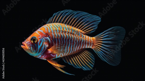 A colourful rare exotic fish deep underwater on a dark background