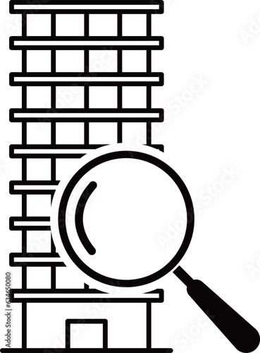 虫眼鏡とマンションの線画アイコン（モノクロ）