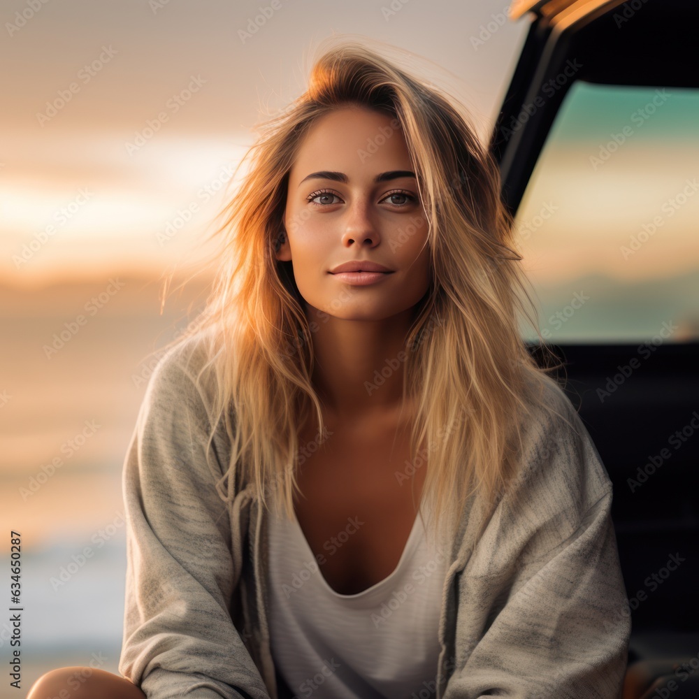 beautiful natural young woman sitting in van in front of sea at sunrise beautiful natural young woman sitting in van in front of sea at sunrise