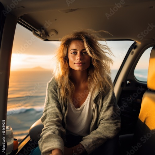 beautiful natural young woman sitting in van in front of sea at sunrise photo