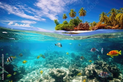 Tropical island with palm trees in the middle of an ocean and underwater life with colorful fish. Split view with waterline. © DenisNata