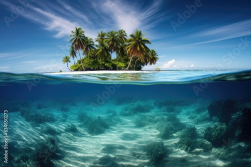 Tropical island with palm trees in the middle of an ocean and underwater life. Split view with waterline. © DenisNata