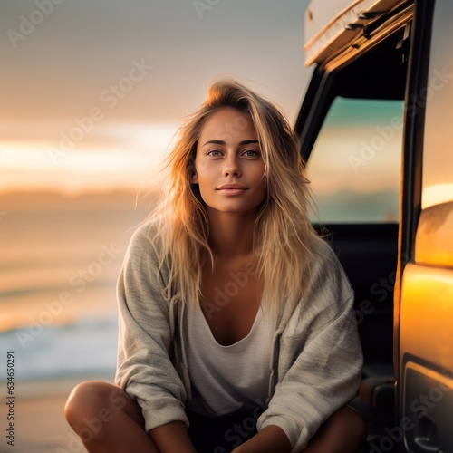 beautiful natural young woman sitting in van in front of sea at sunrise photo