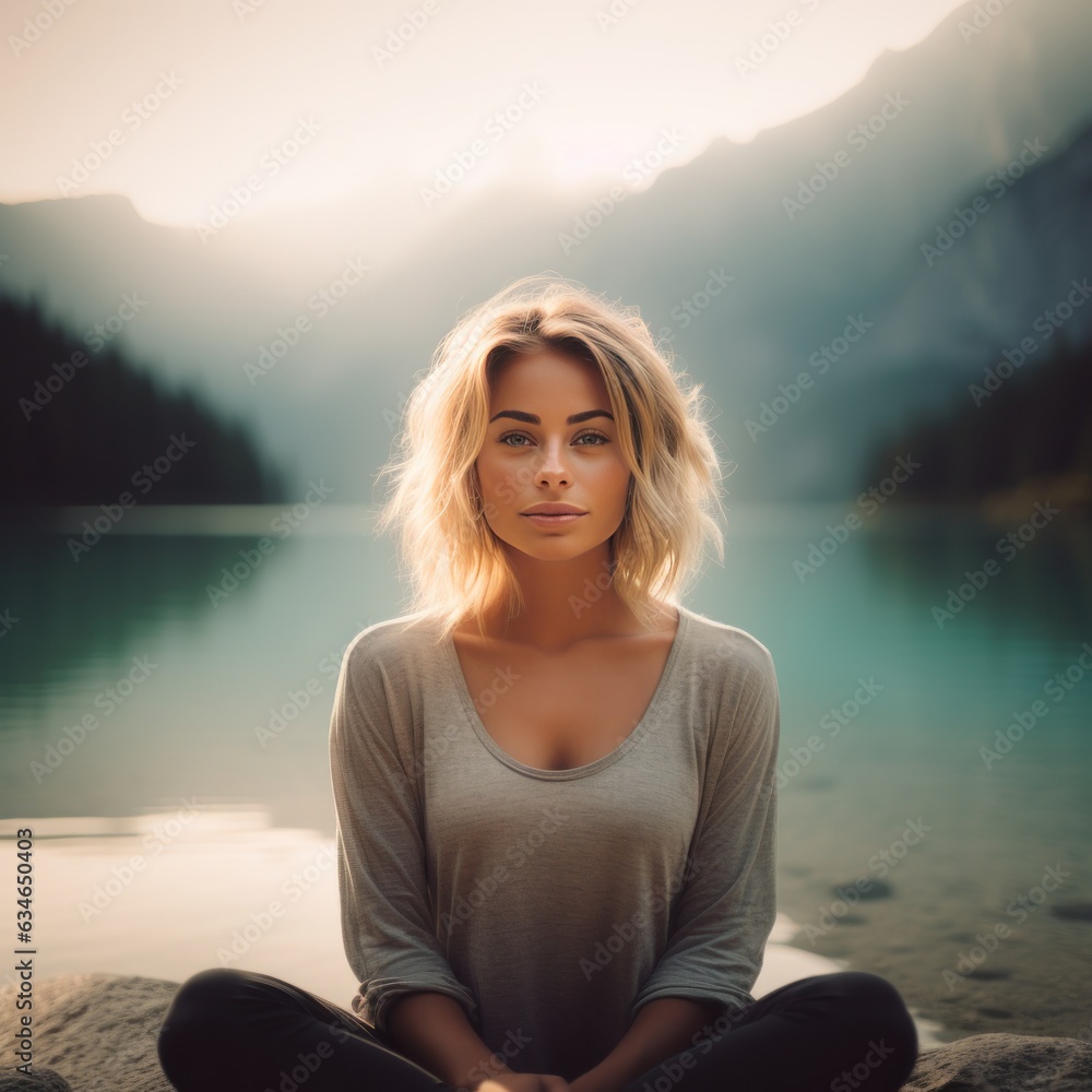 beautiful natural young woman sitting meditative in front of a mountain lake at sunrise