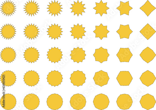 ジグザグ･ギザギザのラベルセット ベクター 黄色 金色 Set of vector starbursts. Collection of isolated labels.