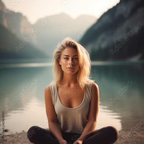 beautiful natural young woman sitting meditative in front of a mountain lake at sunrise