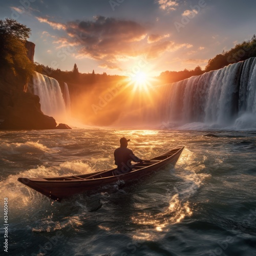 Adventurer sitting in boat in front of big waterfall at sunrise