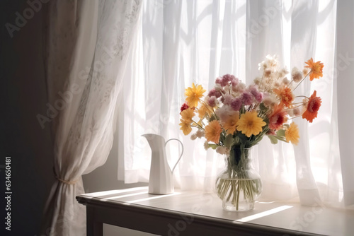 A beautiful bouquet of summer flowers in a vase. Living room decoration. Generated AI