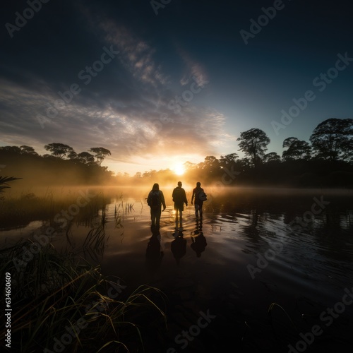 Silhouette of a group of adventurers standing in the shallow water near the jungle at sunrise