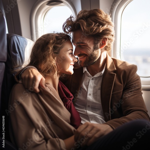 Romantic couple sitting on plane next to window