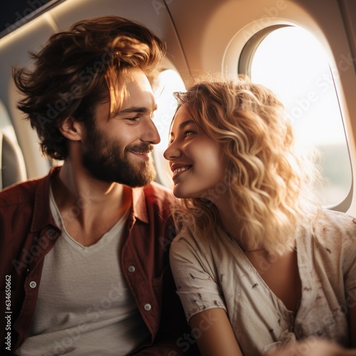 Romantic couple sitting on plane next to window